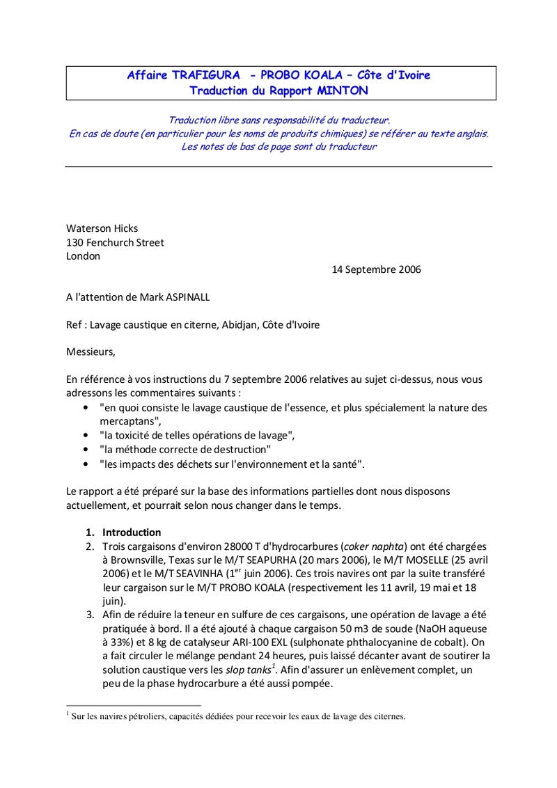 Un mensonge de plus chez TRAFIGURA, les slops �taient bien toxiques