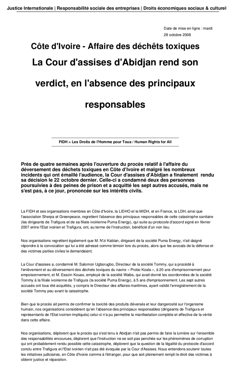 TRAFIGURA / C�te d'Ivoire - Affaire des d�ch�ts toxiques