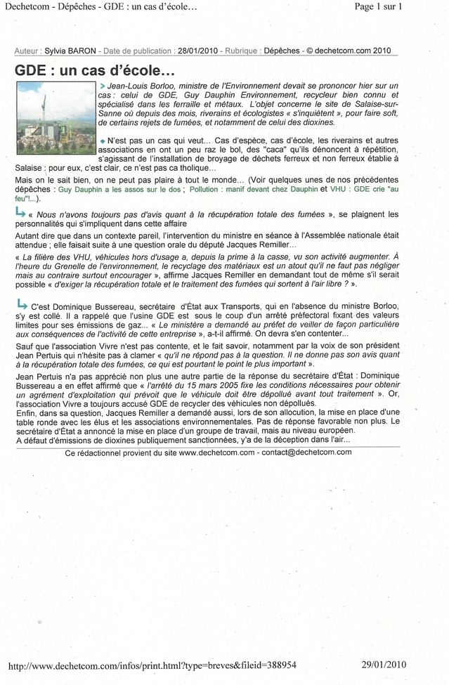 L'association VIVRE ICI veut des réponses au ministère sur le cas du broyeur GDE à Salaise-sur-Sannes