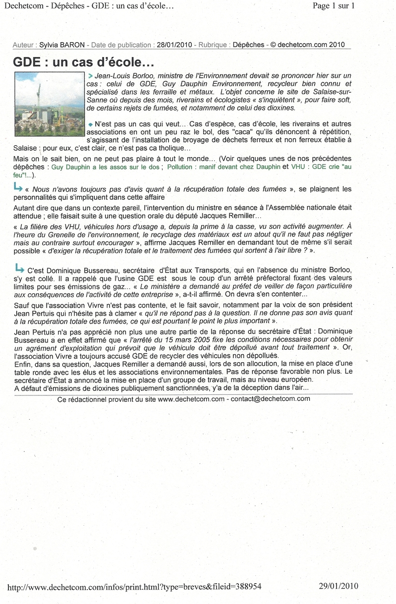 L'association VIVRE ICI veut des r�ponses au minist�re sur le cas du broyeur GDE � Salaise-sur-Sannes