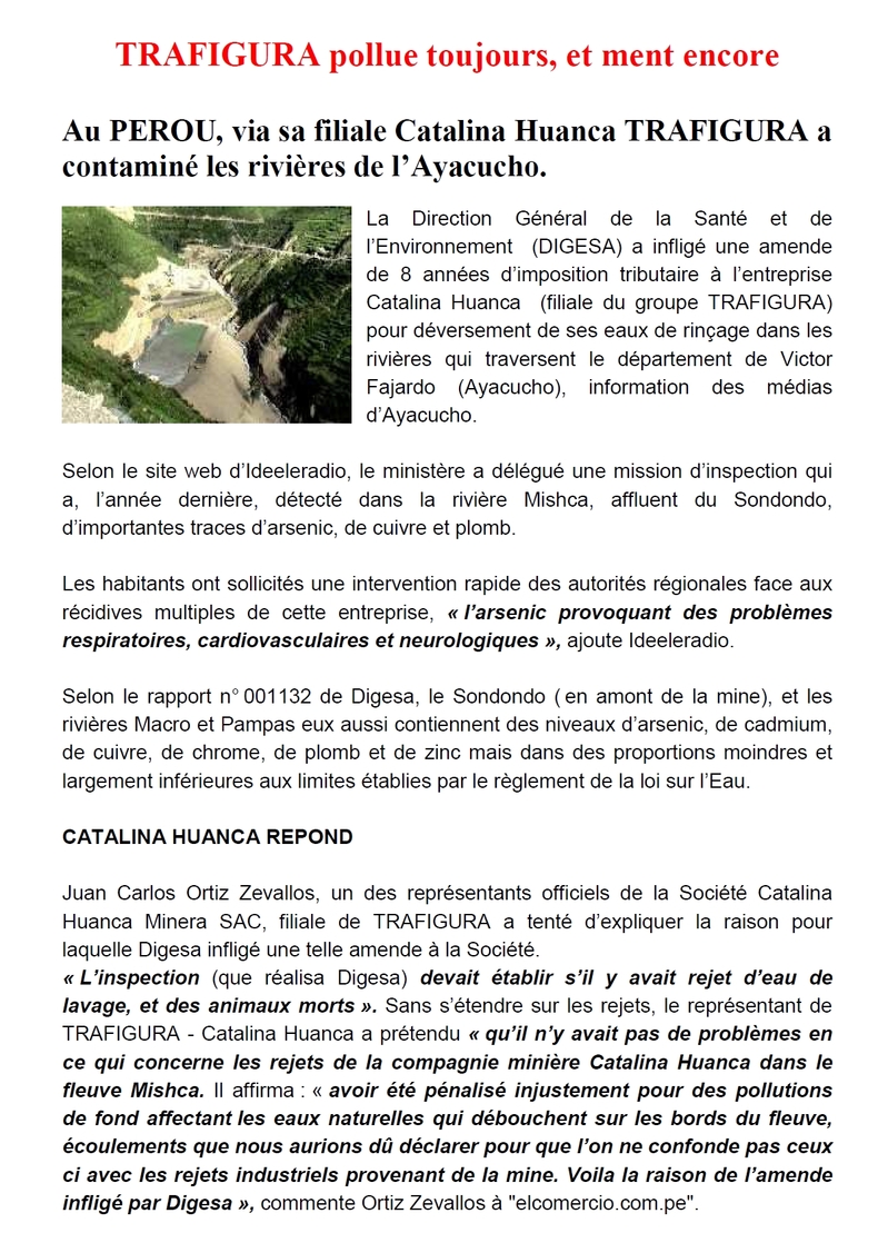 TRAFIGURA, apr�s Abidjan, l'Estonie, la Norv�ge, la Roumanie, Cuba... Pollution au P�rou de sa filiale Catalina Huanca Minera